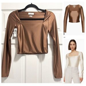 NWT Aritzia Babaton Satinette Square Neck Long Sleeve Top EPICUREAN BROWN XS NEW